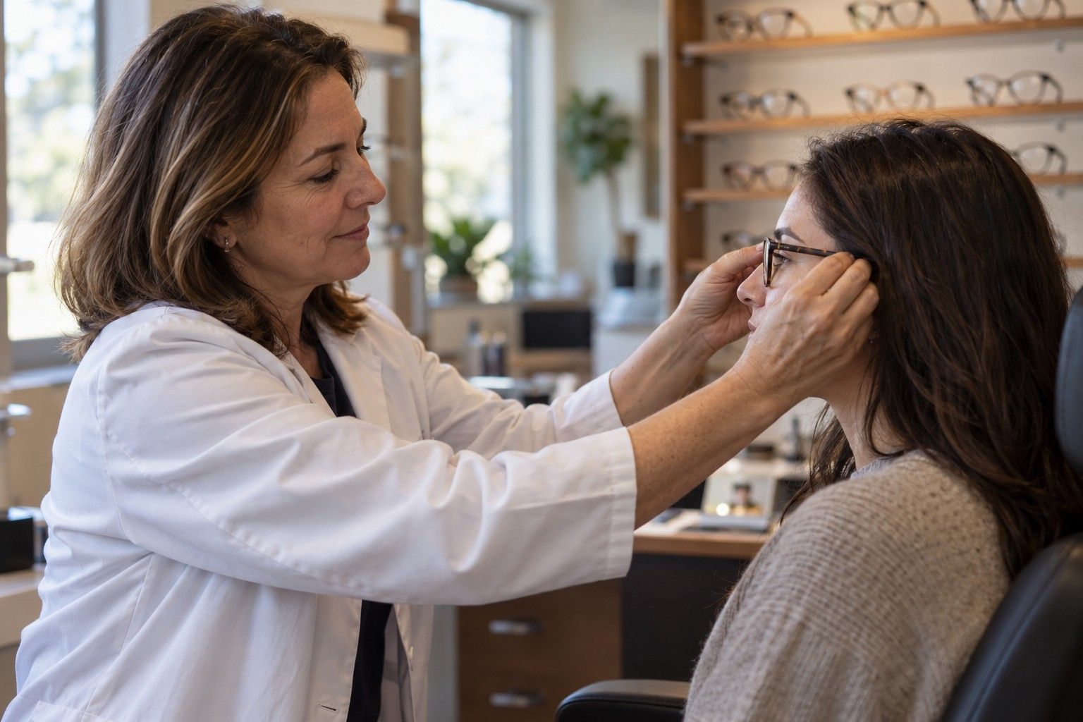An optometrist fitting glasses on a patient in front of a frame display